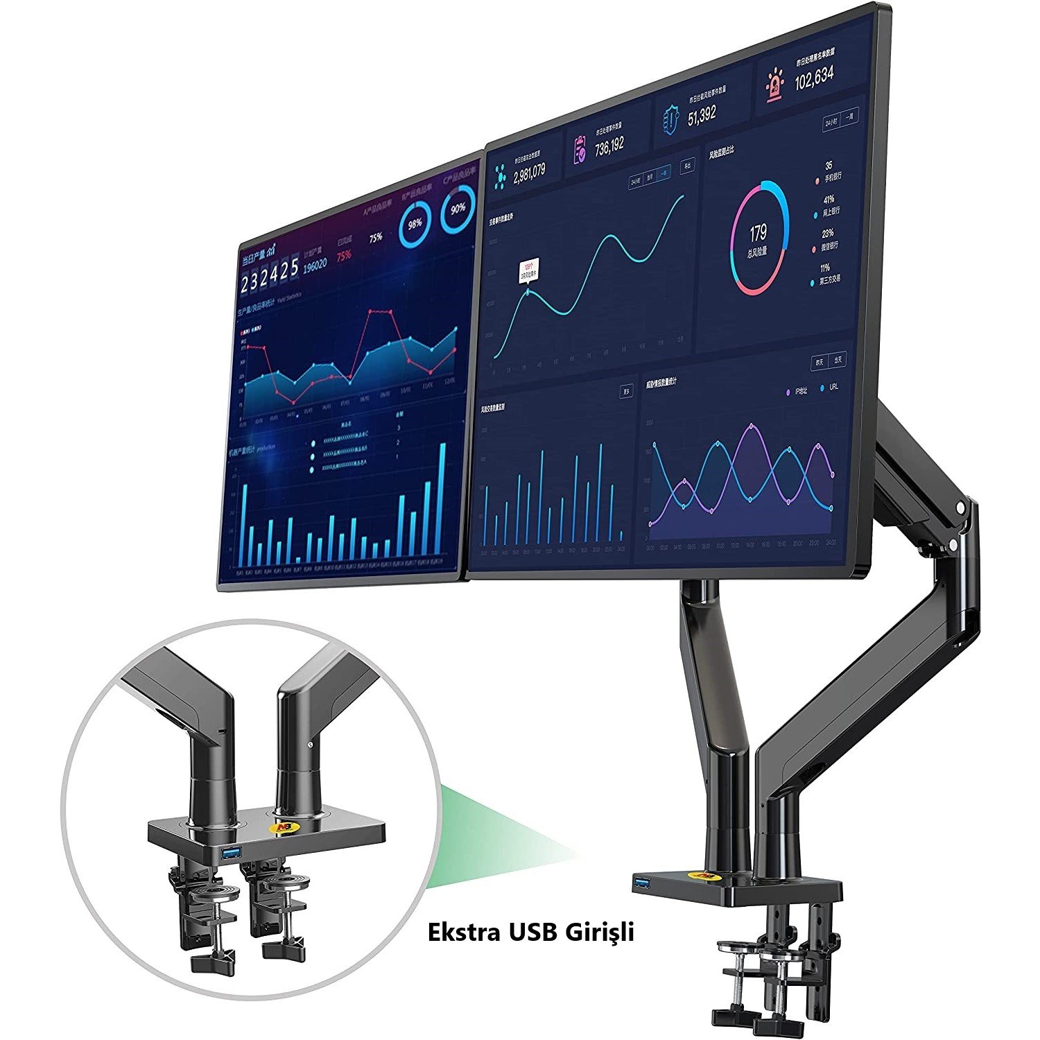  22-32 Amortisörlü Stand Çift Kol Lcd / Led Monitör Tutucu Stand Askı Aparatı G32