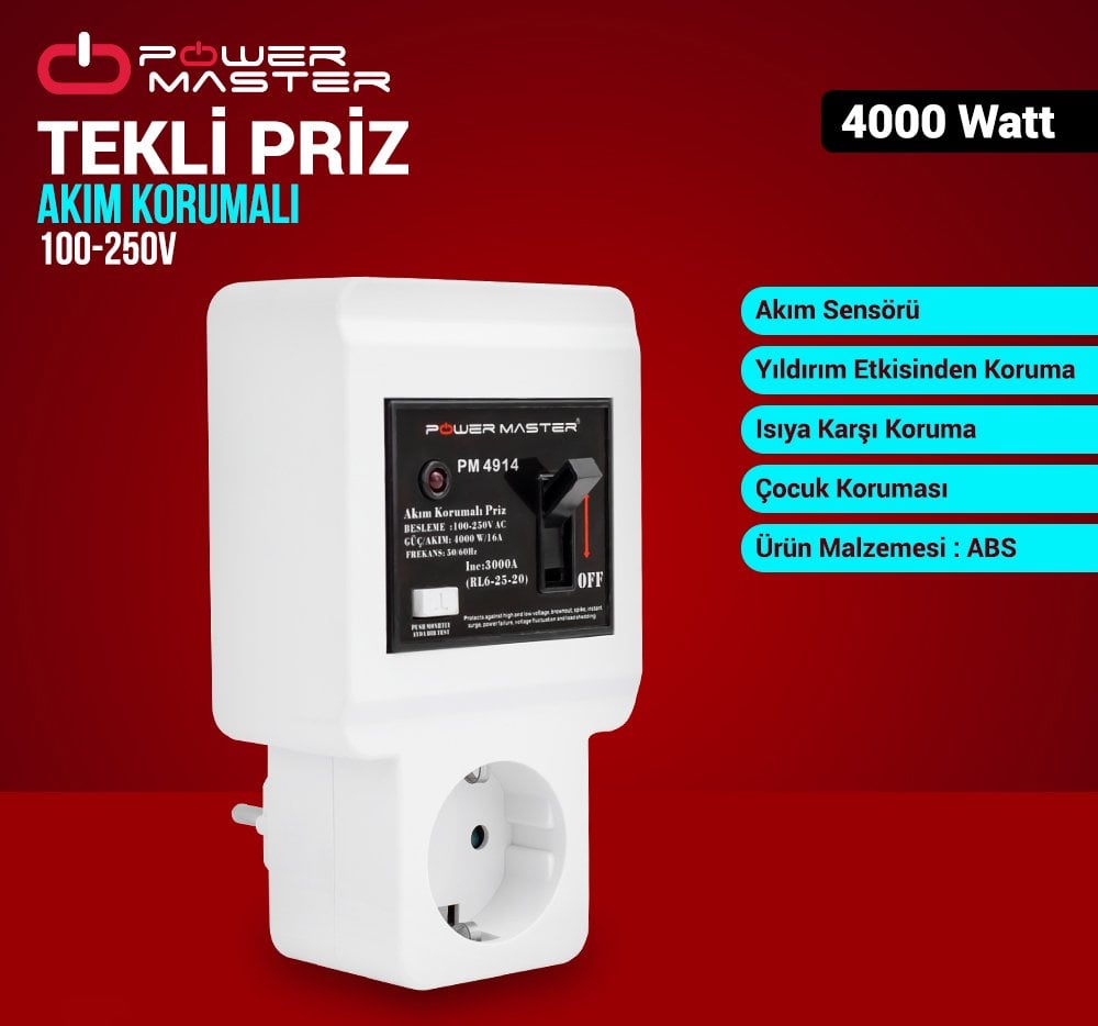  220 Volt 16 Amper Tekli Akım Korumalı Sigortalı Priz PM-4914