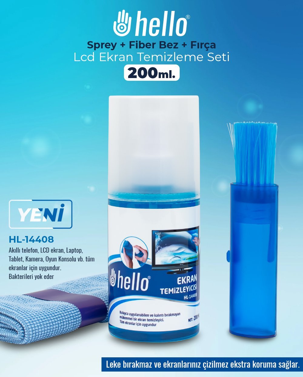 Hello HL-14408 Sprey + Fiber Bez + Fırça 200 Ml. Lcd Ekran Temizleme Seti