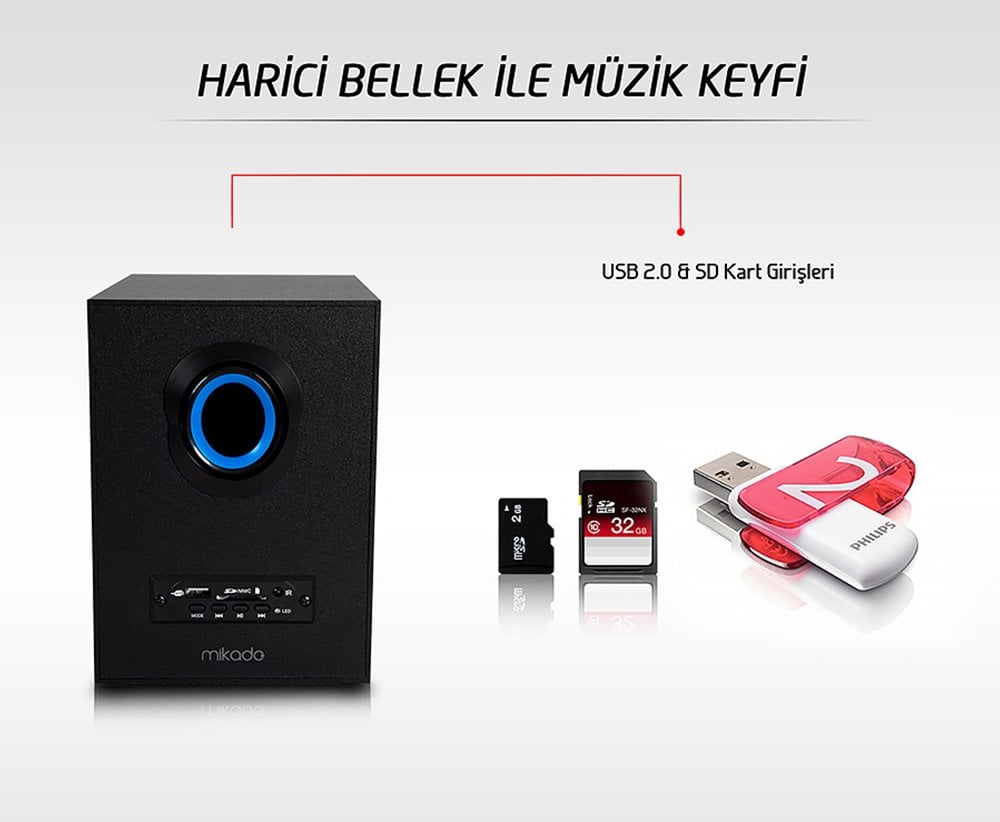 Mikado MD-1700BT 2+1 Siyah USB - SD - FM Destekli Kumandalı Multimedia Bluetooth Hoparlör