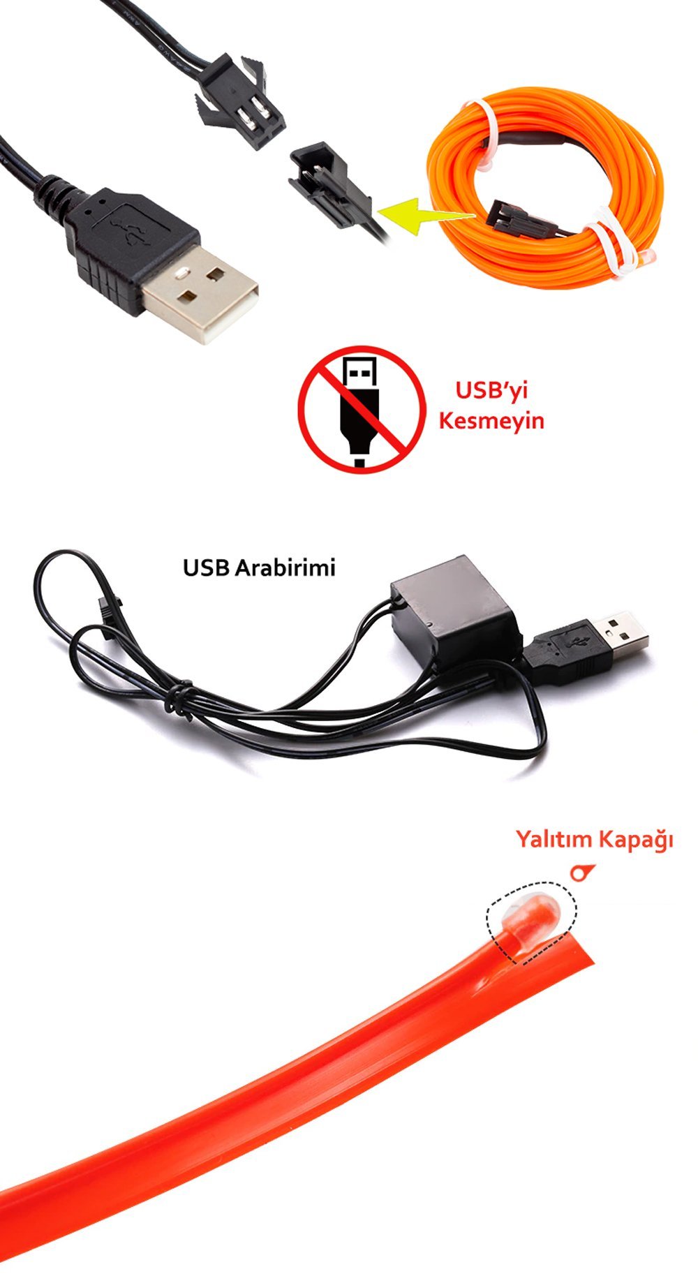  5 Metre 5 Volt USB Adaptörlü Neon İp Aydınlatma 