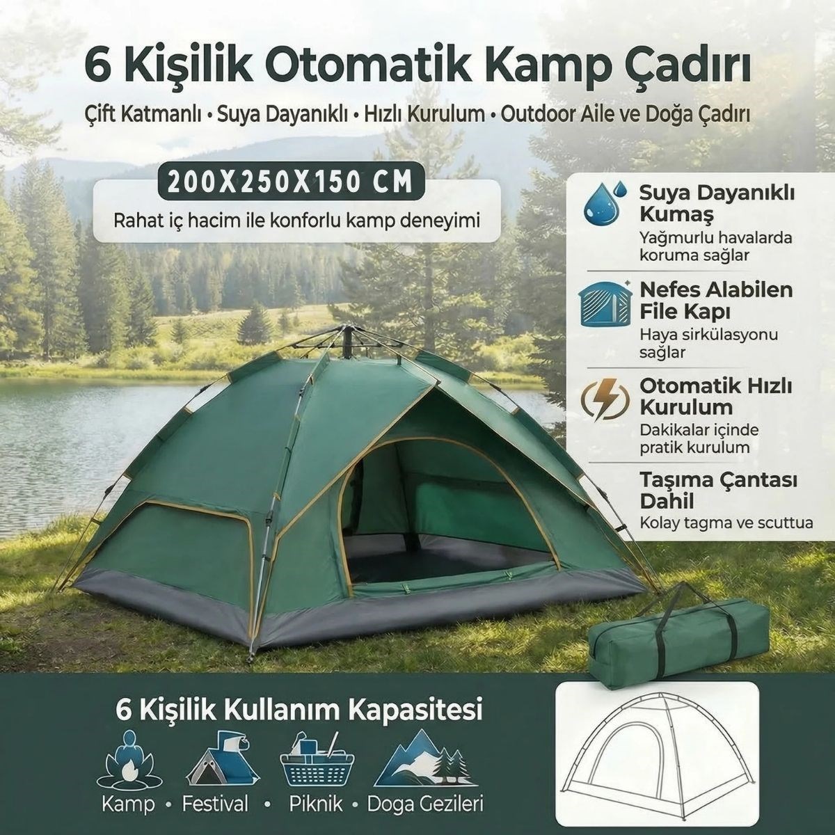  6 Kişilik Otomatik Kamp Çadırı – Çift Katmanlı, Suya Dayanıklı, Hızlı Kurulum Outdoor Aile ve Doğa Çadırı 200x250x150 cm