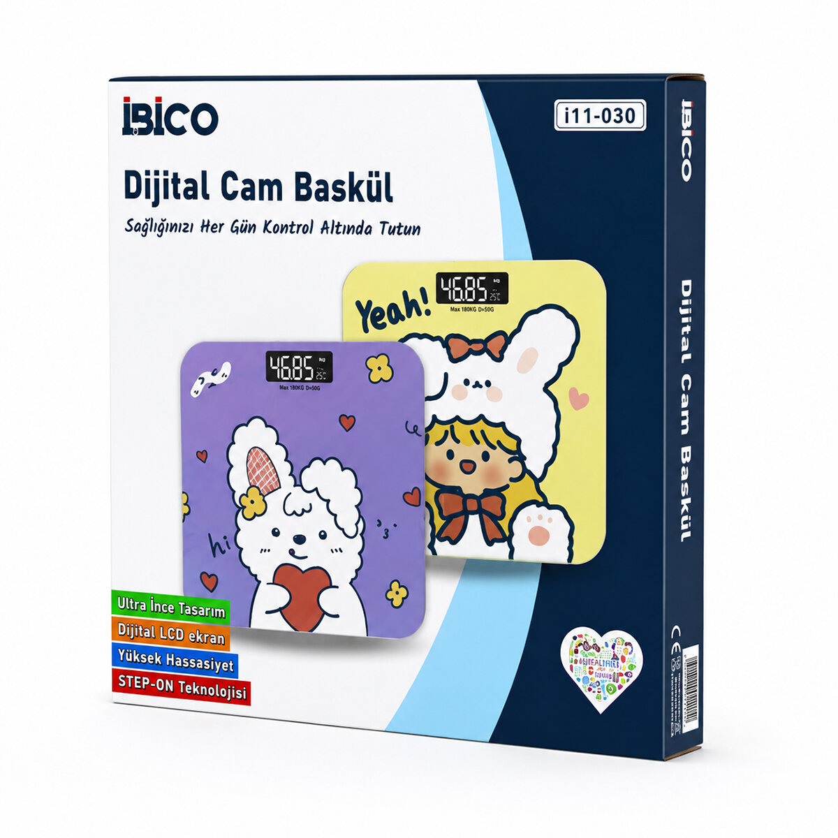 0221A DİJİTAL - PİLLİ DESENLİ RENKLİ CAM BANYO BASKÜL TERAZİ TARTI LCD EKRAN 180KG/50GR 26X26CM İ11-030