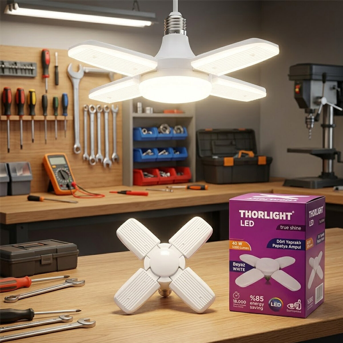 1+4 KOLLU - YAPRAKLI PERVANE MODELİ PAPATYA BEYAZ LED LAMBA AMPUL 40W - E27 P-6040B