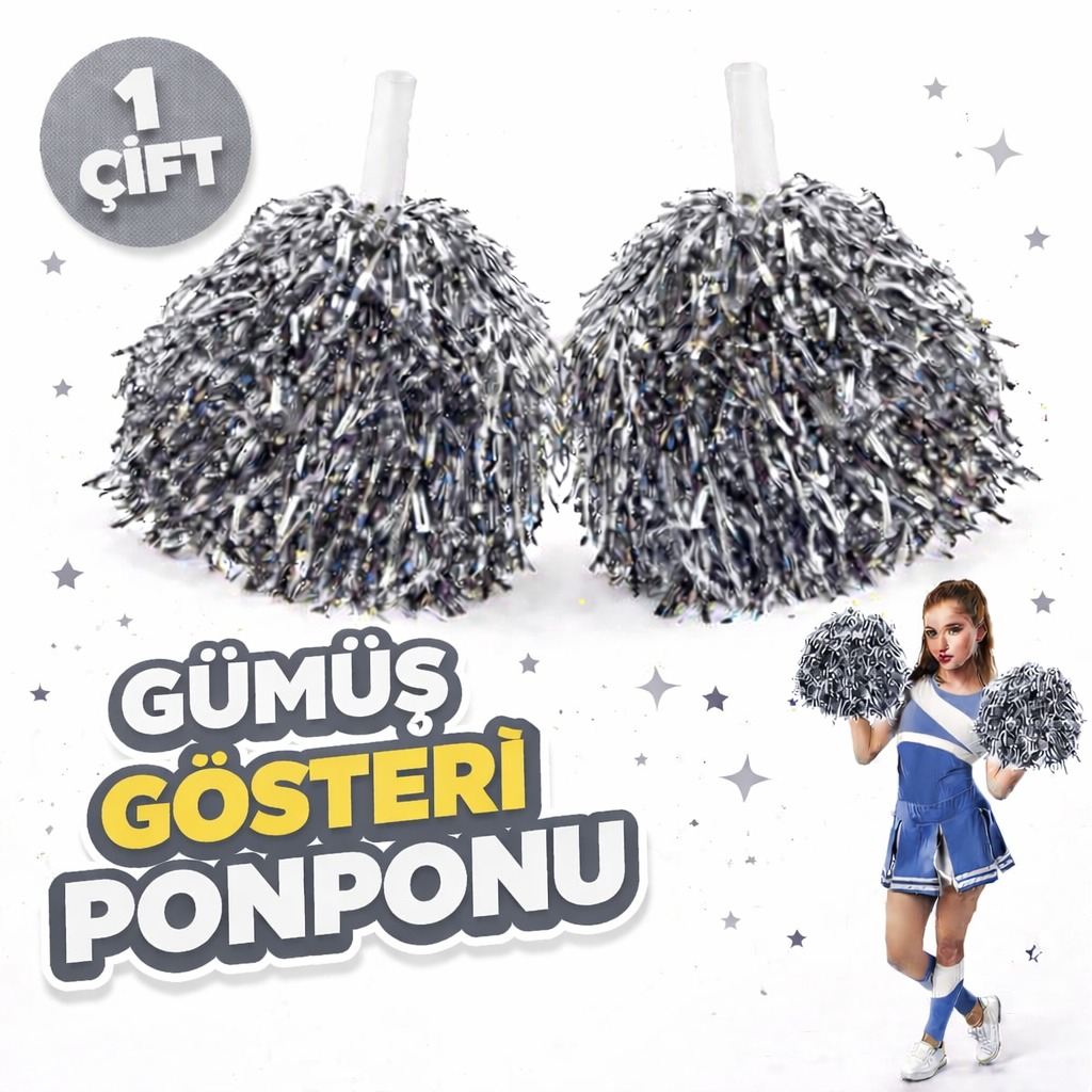 1 Çift ( 2 Adet ) Gümüş Renk 23 Nisan 19 Mayıs 29 Ekim Okul Gösteri Ponponları Ekstra Dolgun