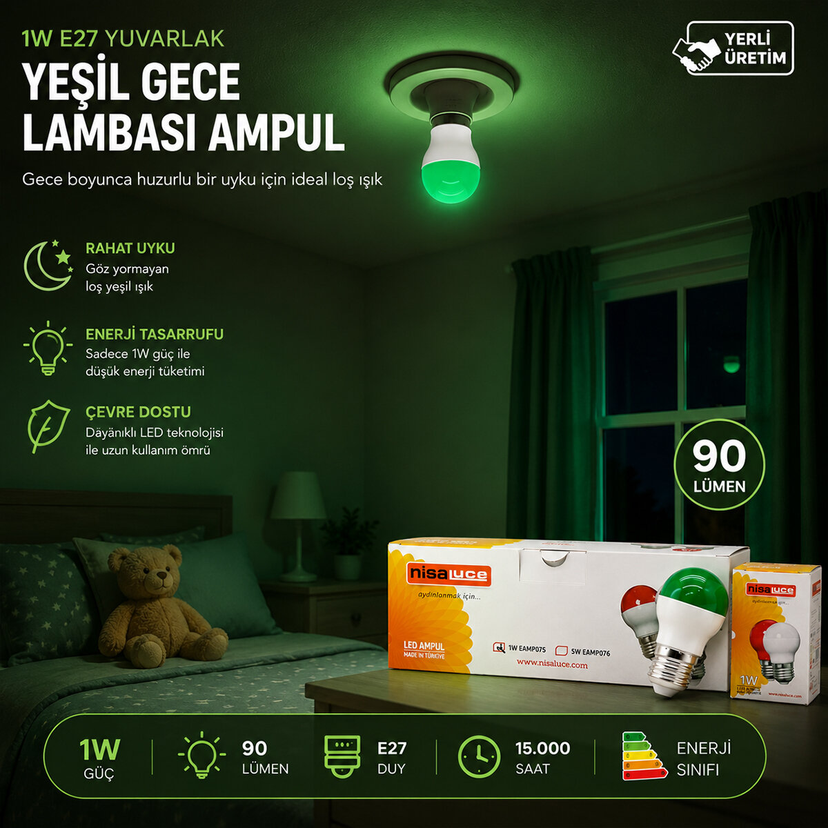 10 ADET 1W E27 YEŞiL YUVARLAK GECE LAMBASI LED AMPUL EAMP-075