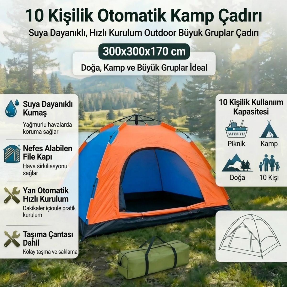 10 Kişilik Otomatik Kurulum Kamp Çadırı – Outdoor , Suya Dayanıklı Hızlı Kurulum Piknik ve Doğa İçin Geniş Aile Çadırı 300x300x170 cm