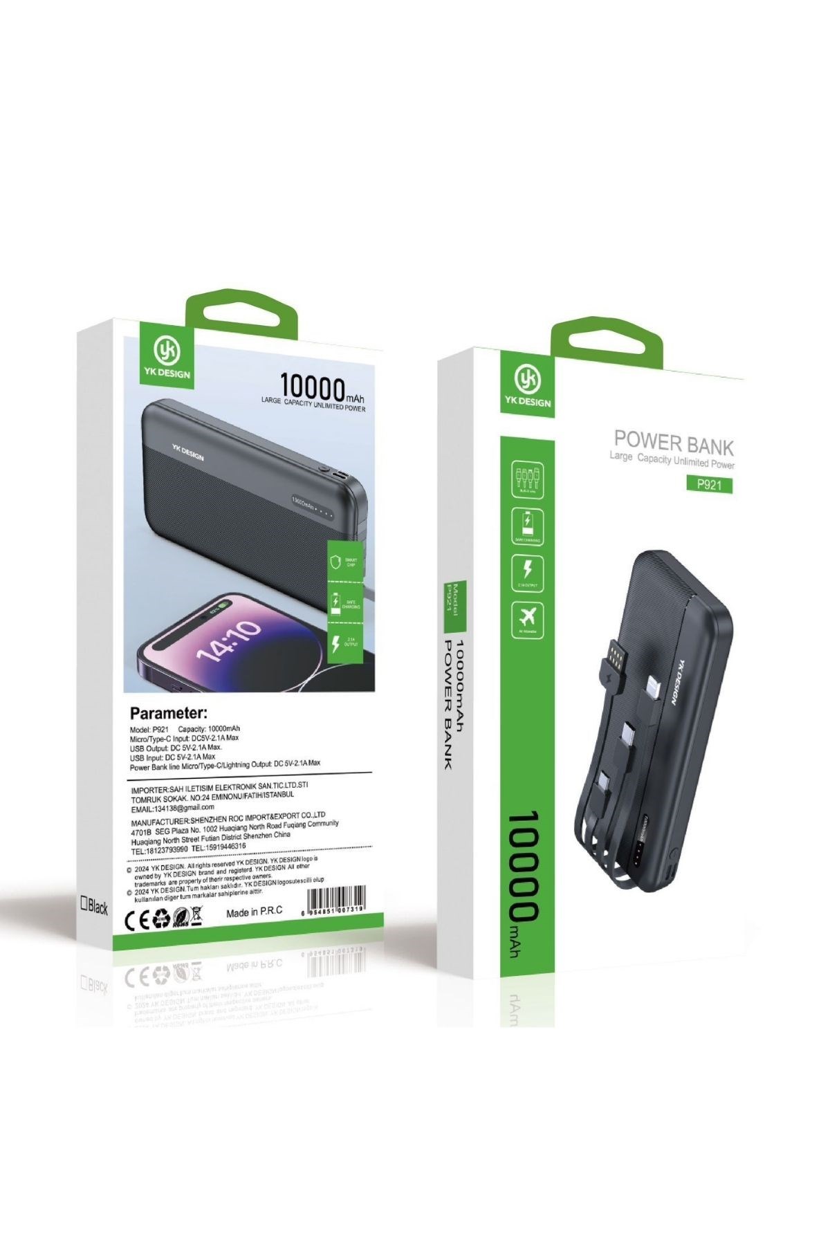 10000 mAh Micro Type-C USB Lightning 4 Kablolu Hızlı Kablosuz Şarj Powerbank