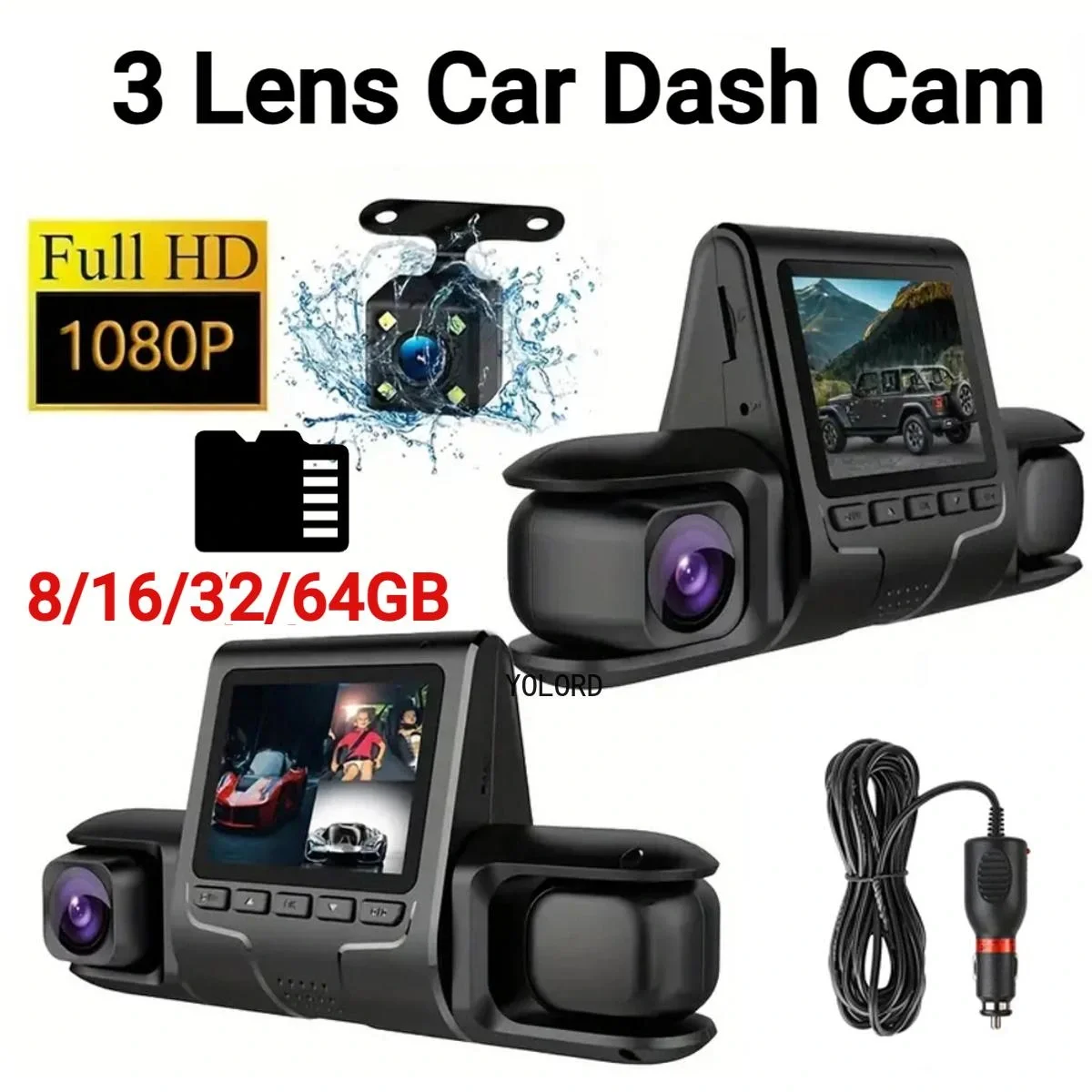 1080P Üçlü Lens Araba Dash Cam Dashcam Ön İç &amp; Arka HD Araba DVR 120 ° Açı Döngü Kaydı Yerçekimi Sensörü