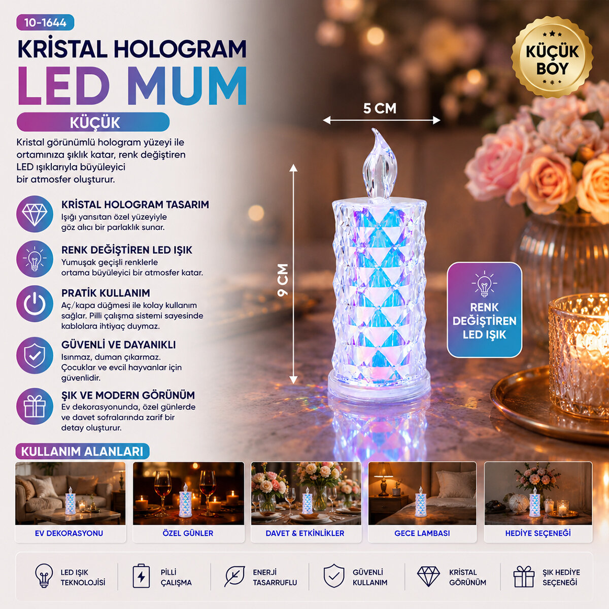 12 ADET LED CANDLE KAMP KÜÇÜK BOY= ÇAP:5CM - Y: 9CM PİLLİ LED MUM MİKA KRİSTAL PLASTİK YAKUT-13635