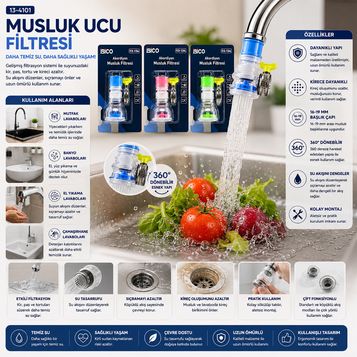 12 ADET MUSLUK UCU FİLTRESİ 2 KATMANLI - TAŞLI - PERVANELİ 360° 16-19MM TÜM MUSLUKLARA