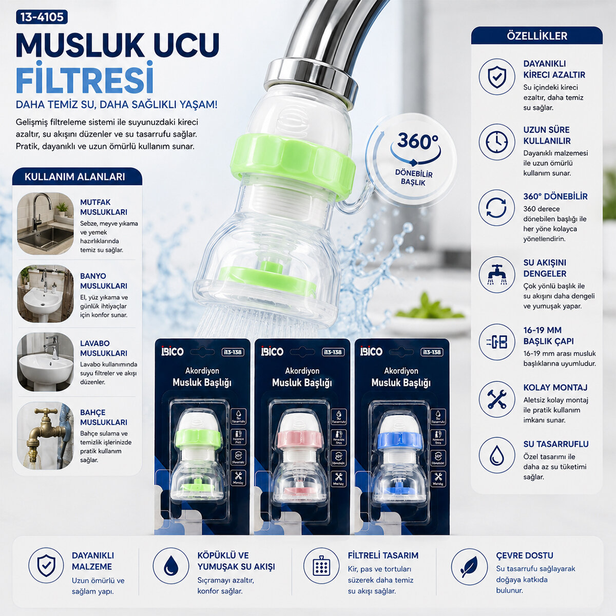 12 ADET MUSLUK UCU FİLTRESİ AKORDİYON - PERVANELİ 360° 16-19MM TÜM MUSLUKLARA UYUM KİREÇLENME YAPMAZ