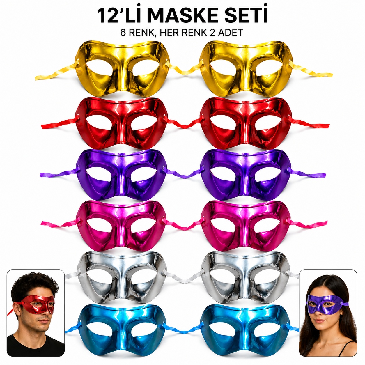 12'li Metalik Venedik Toptan Parti Maskesi Seti – 6 Renk Karışık