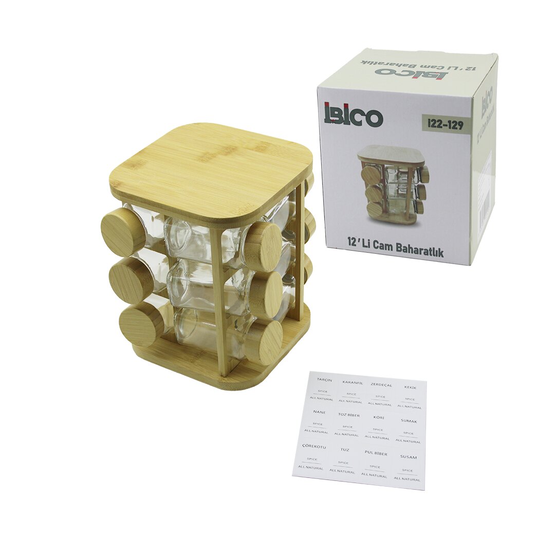 12PCS KARE DÖNER STANDLI CAM - BAMBU KAPAK TUZLUK - BAHARATLIK BAMBU STAND