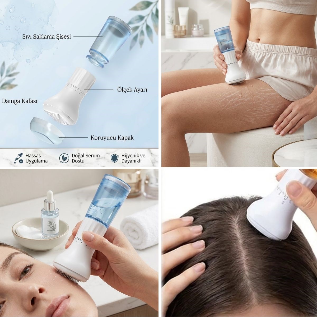 140 İğneli Serum Hazneli Dermaroller – 0-3 mm Ayarlı Dermaroller Mikro İğneli Saç, Cilt ve Vücut Bakım Aparatı