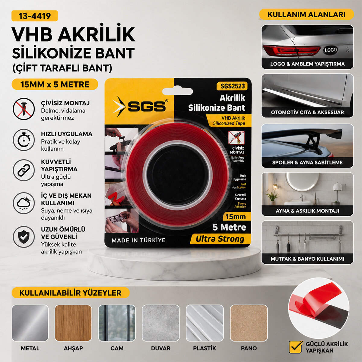 15MMX5YRD VHB AKRİLİK SİLİKONİZE BANT ÇİFT TARAFLI BANT