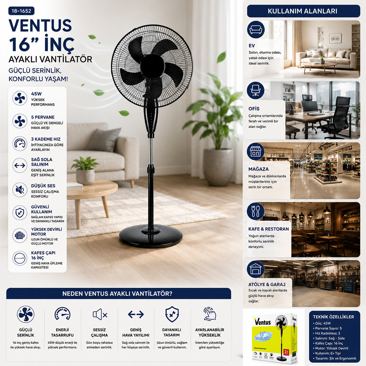 16 INC İNÇ EV TİPİ AYAKLI VANTİLATÖR 45W 5 PLS.PERVANE 3 KADEME HIZ FAN