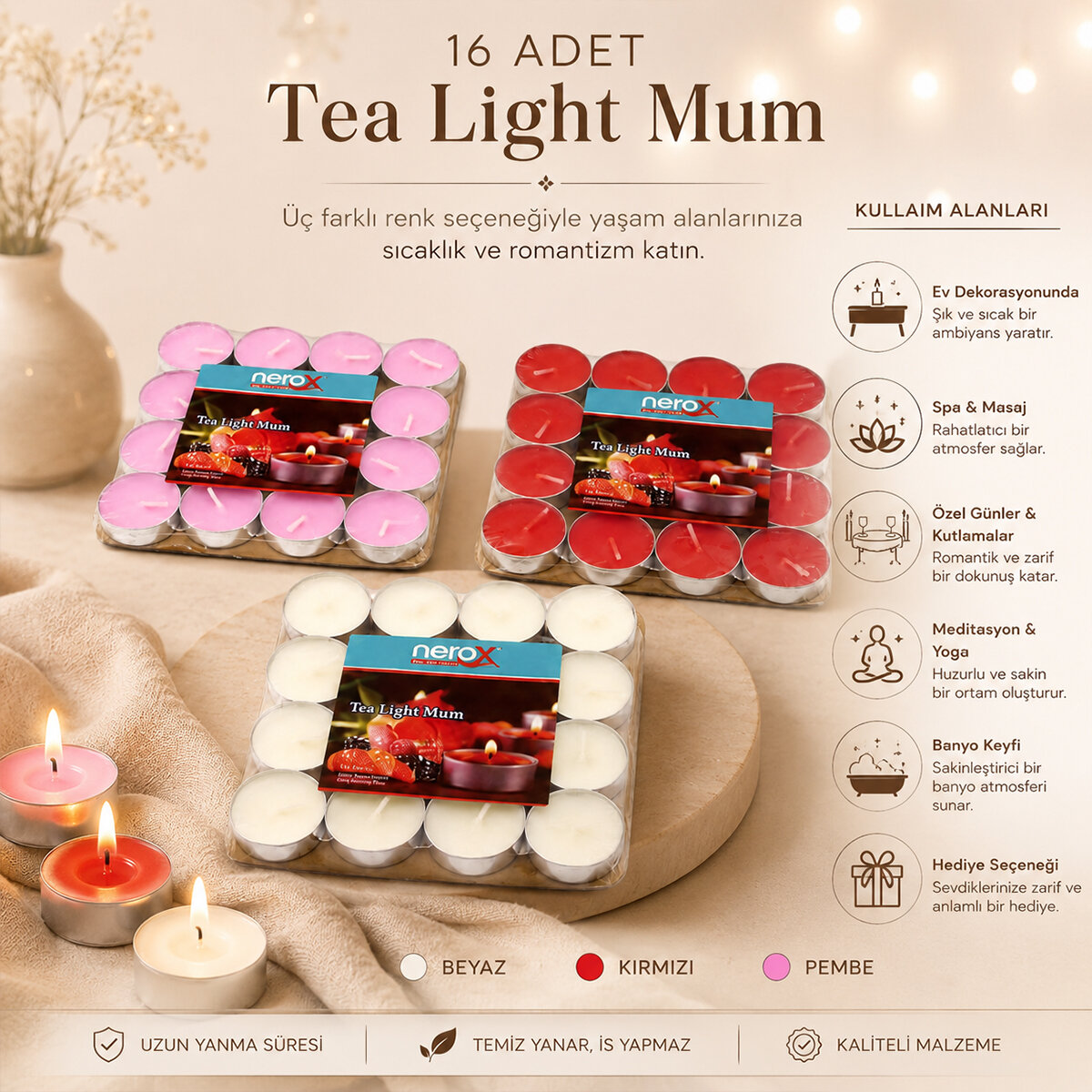 16 PARÇA  KIRMIZI TEA LİGHT YUVARLAK MUM