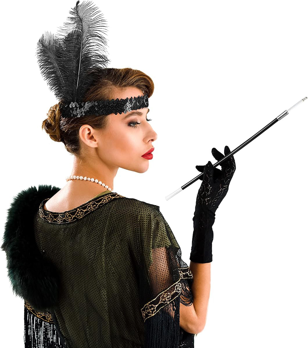 1920'ler Gatsby Aksesuar Seti – Siyah Charleston Saç Bandı &amp; Sigaralık