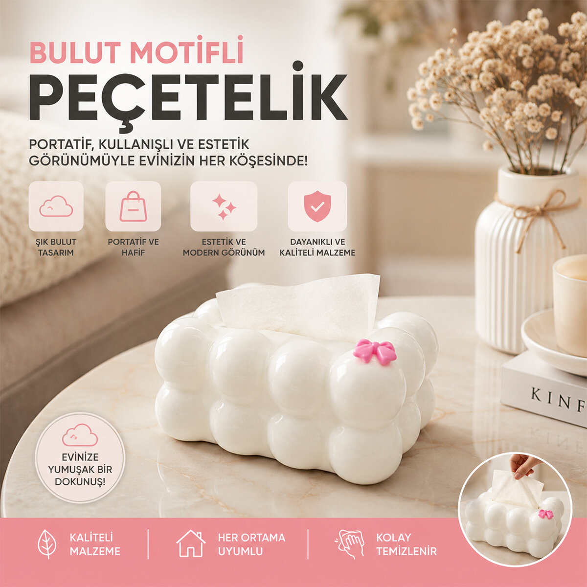 19X12.5X8.5CM BEYAZ YAYLI MASAÜSTÜ BUBBLE DEKORATİF BULUT PEÇETELİK