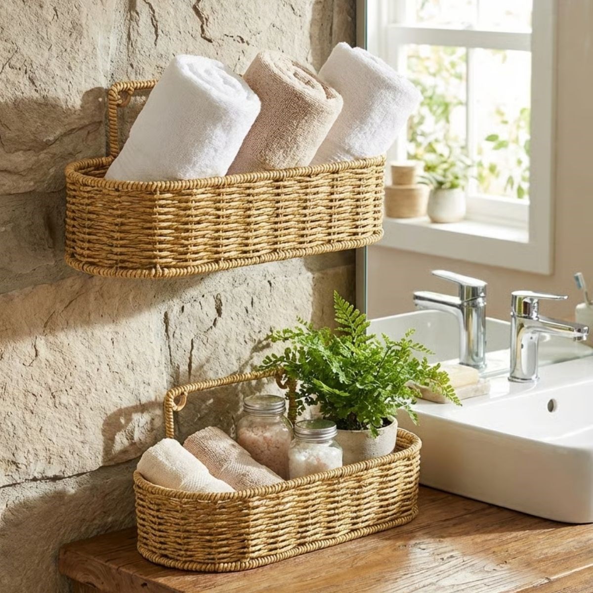 2’li Duvar Askılı Plastik Rattan Organizer – Oval Hasır Görünümlü Mutfak Raf Sepeti, Banyo ve Ev İçi Düzenleme Ünitesi