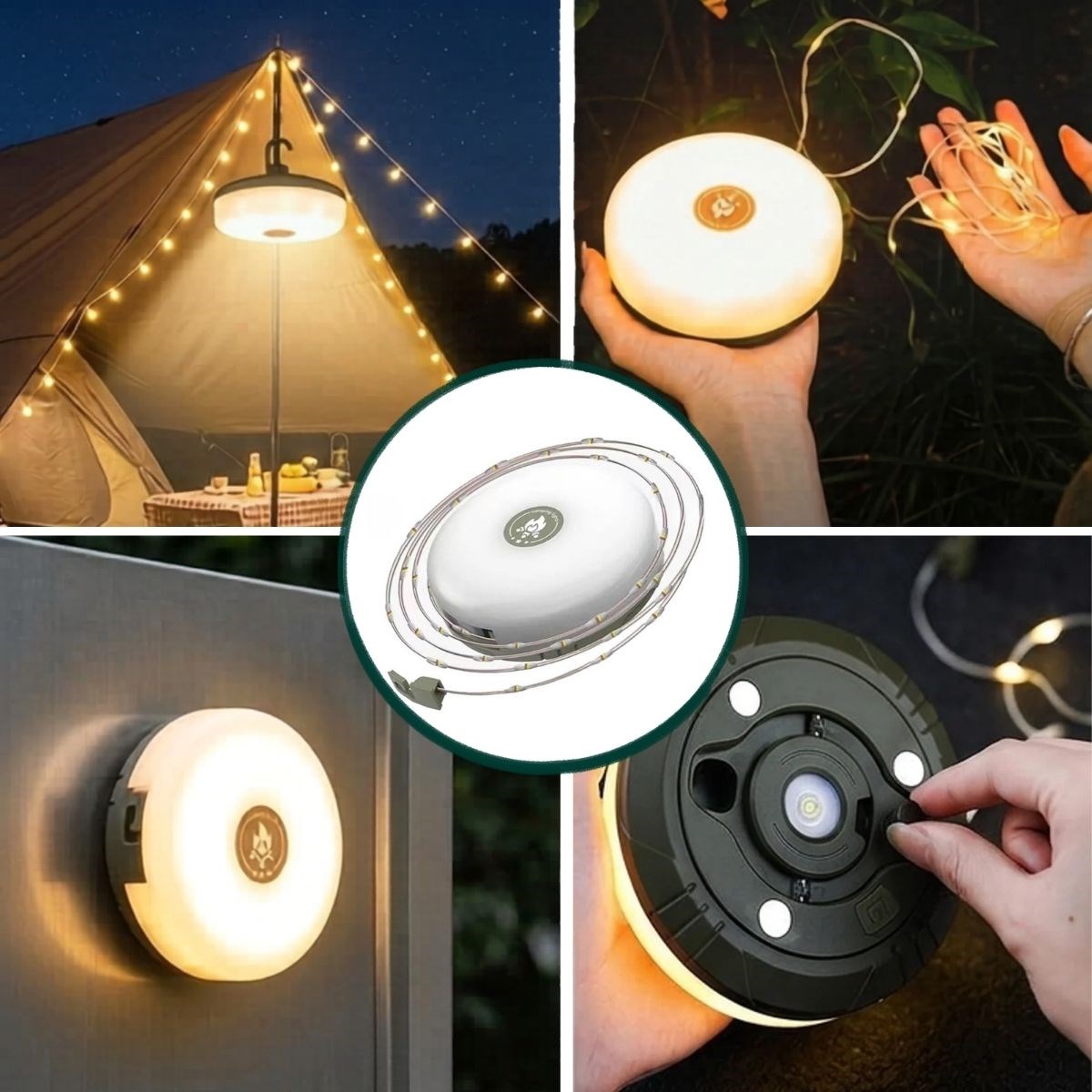 2’si 1 Arada 5 Farklı Işık Modlu Gün Işığı Şarjlı Kamp Lambası ve Makaralı 10 Metre Peri LED Işık – Su Geçirmez Mıknatıslı Aydınlatma Feneri