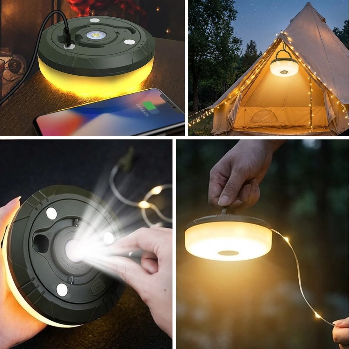 2’si 1 Arada 5 Farklı Işık Modlu Gün Işığı Şarjlı Kamp Lambası ve Makaralı 10 Metre Peri LED Işık – Su Geçirmez Mıknatıslı Aydınlatma Feneri