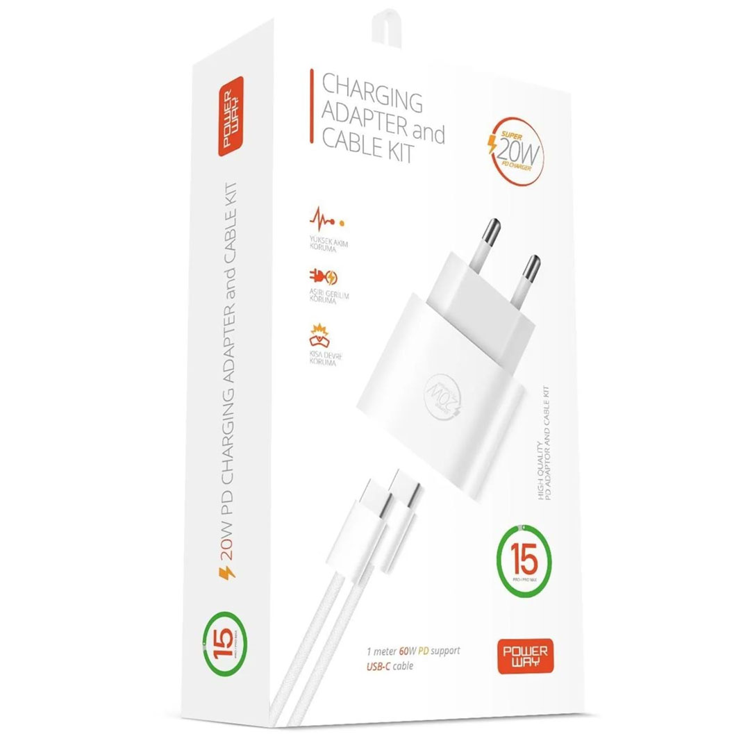 20 WATT TYPE-C ŞARJ BAŞLIK ADAPTÖRÜ + KABLO SETİ (APPLE 15 PRO-PROMAX UYUMLU)