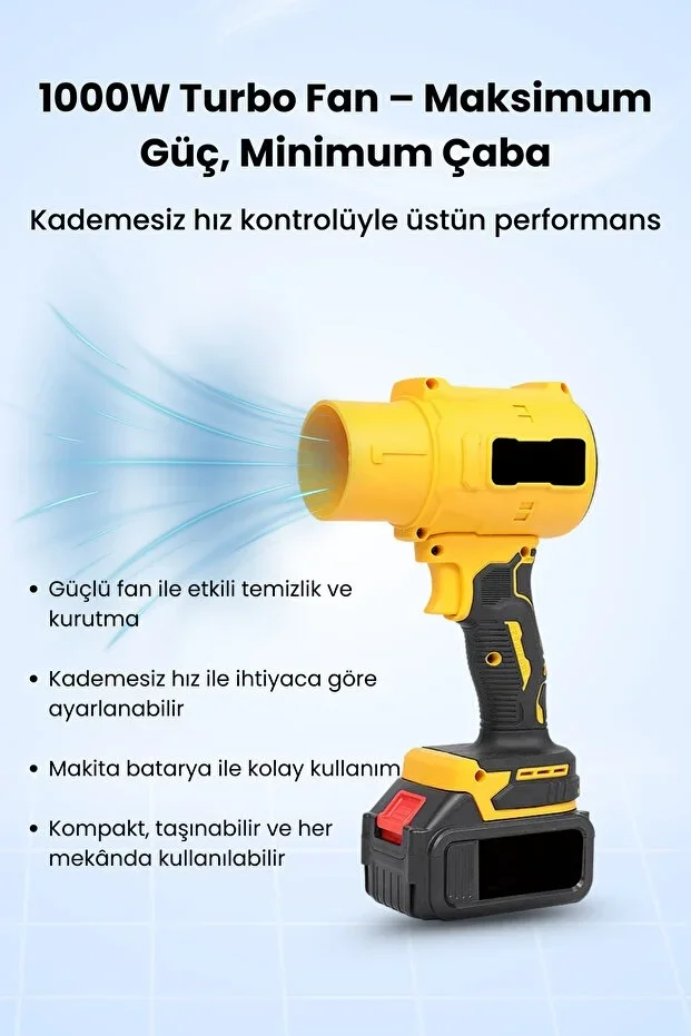 21V Kablosuz Hava Üfleyici | 32.000RPM Turbo Fan, 12.000mAh Batarya, Bahçe &amp; Araç Kurutma / Sarı