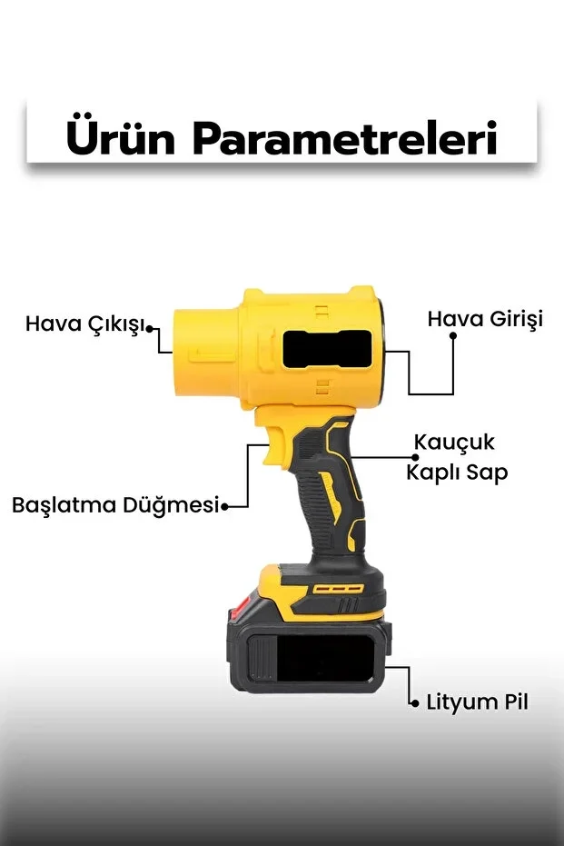 21V Kablosuz Hava Üfleyici | 32.000RPM Turbo Fan, 12.000mAh Batarya, Bahçe &amp; Araç Kurutma / Sarı
