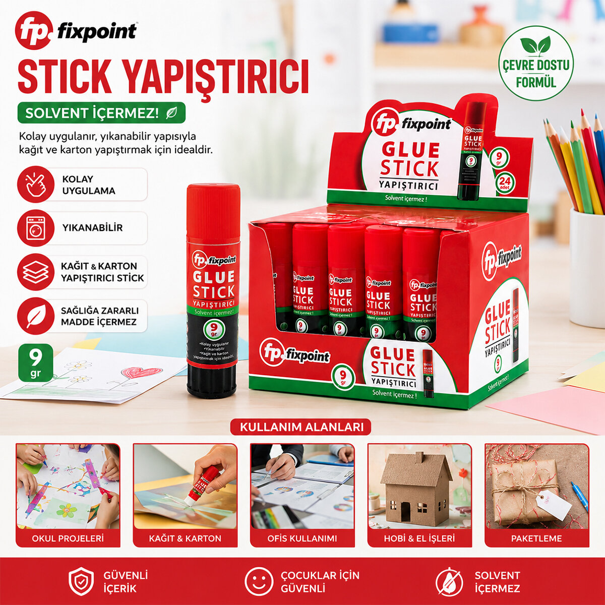 24 ADET 9GR STICK YAPIŞTIRICI SOLVENT İÇERMEZ YIKANABİLİR KOLAY UYGULAMA KAĞIT - KARTON YAPIŞTIRICI STİCK