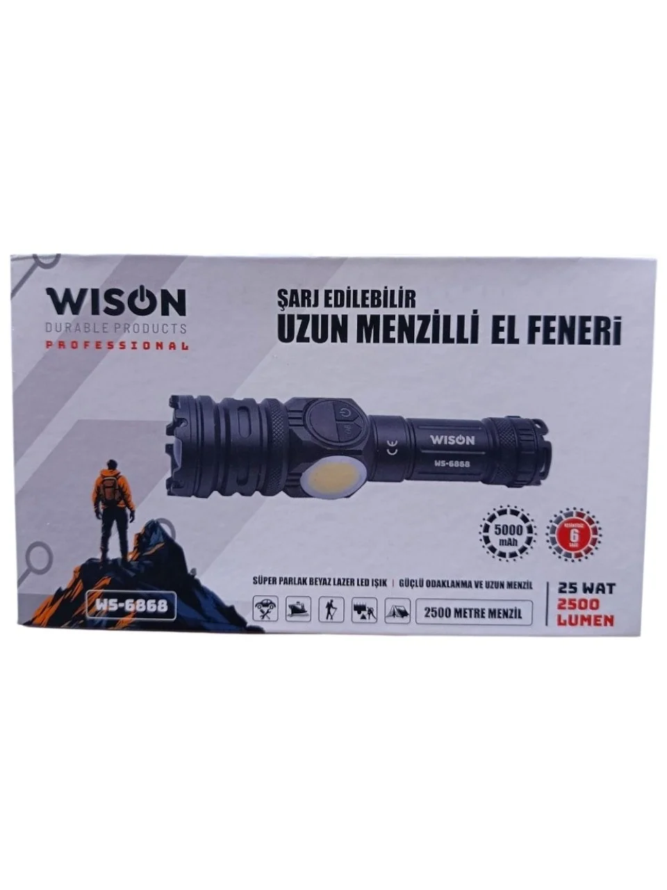 2500 lümen 25 wat 5000 mah Pil Şarj Edilebilir Uzun Menzilli El Feneri WS-6868