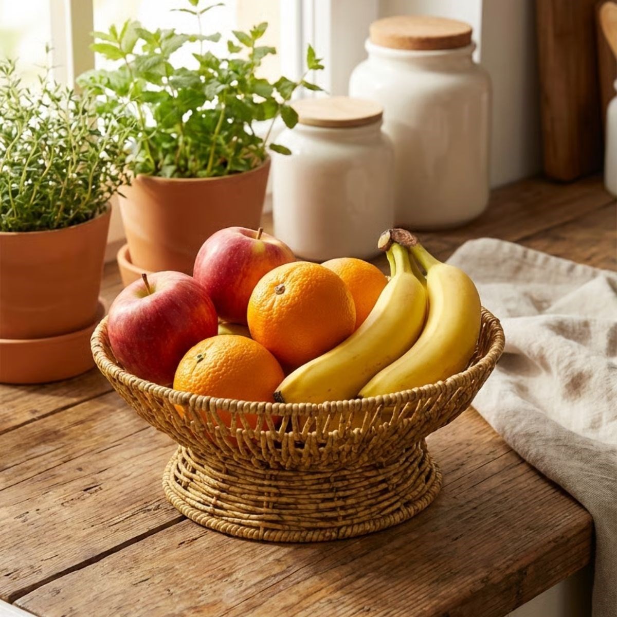 28 cm Plastik Rattan Servis Çanağı – Doğal Hasır Görünümlü Dekoratif Meyve, Ekmek ve Sunum Kasesi