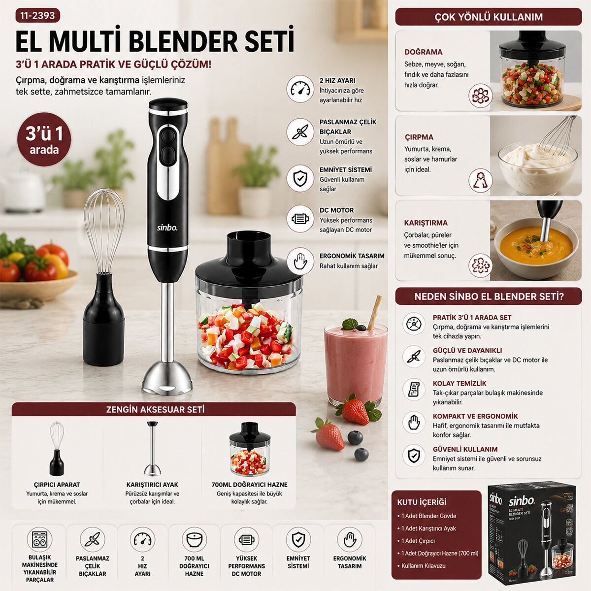 2HIZ AYAR - PASLANMAZ ÇELİK BIÇAK EL MULTİ BLENDER SETİ 700ML HAZNELİ SHB-7529