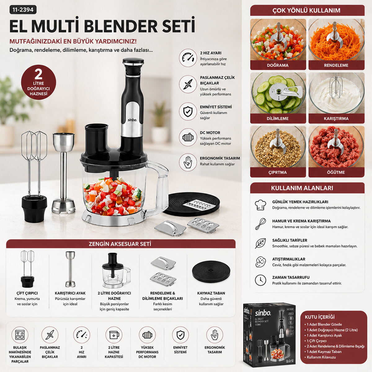 2HIZ AYAR - PASLANMAZ ÇELİK BIÇAK EL MULTİ BLENDER SETİ 2 LT HAZNELİ SHB-7534