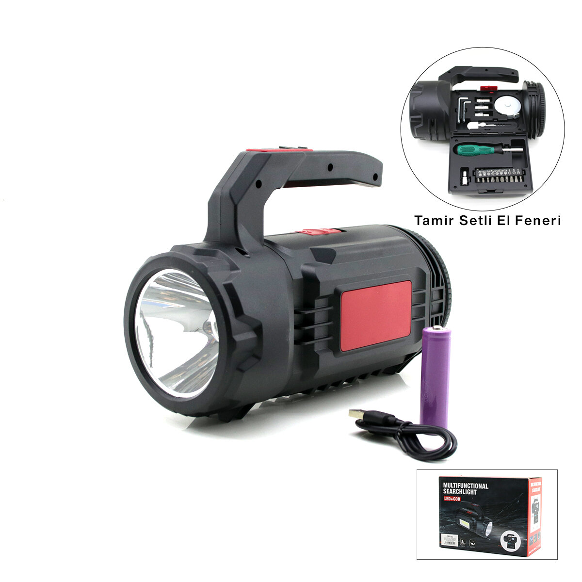 2İN1 19PCS = TAMİR - HIRDAVAT SETİ EL FENER - PROJEKTÖR LED + COB USB - TYPE-C - PİL ŞARJLI HS-310