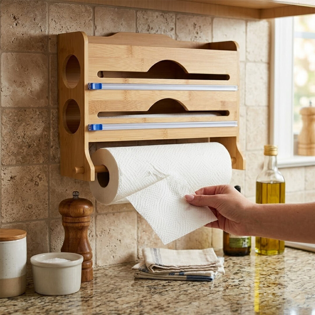 2IN1 = 2 STREÇLİK - 1 KAĞIT HAVLULUK AHŞAP BAMBU STREÇLİK - FOLYOLUK - HAVLULUK KESİCİ BIÇAK KANALLI