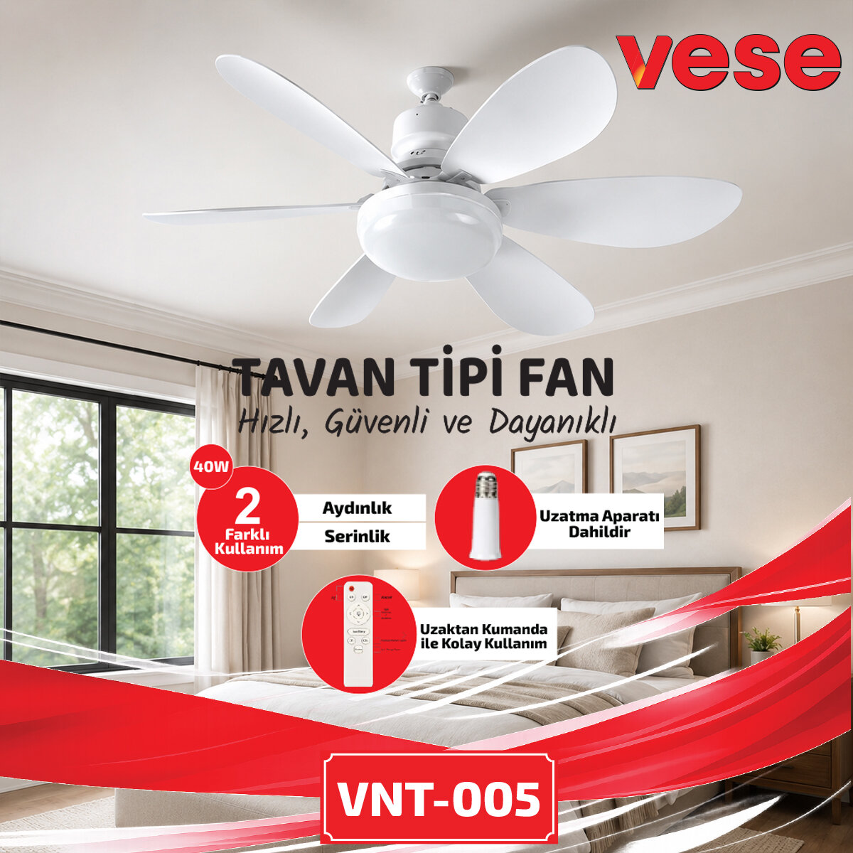 2İN1=TAVAN VANTİLATÖR - AVİZE LAMBA 40W KUMANDALI 6KNAT VNT-005