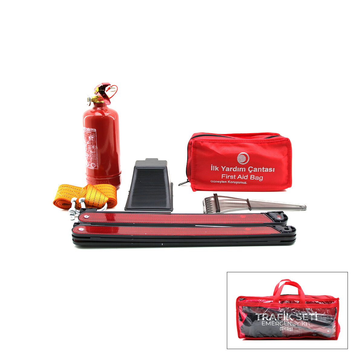 2Lİ SET 4 GEN ÇANTA 7PCS + 38PCS OTO TRAFİK SETİ + İLK YARDIM SETİ YANGIN TÜPÜ=1KG 2PCS REFLEKTÖR BEZ KEMER ÇEKME HALAT=2.9MT ARAÇ TAKOZ BUZ KAZIMA SET ÇANTASI