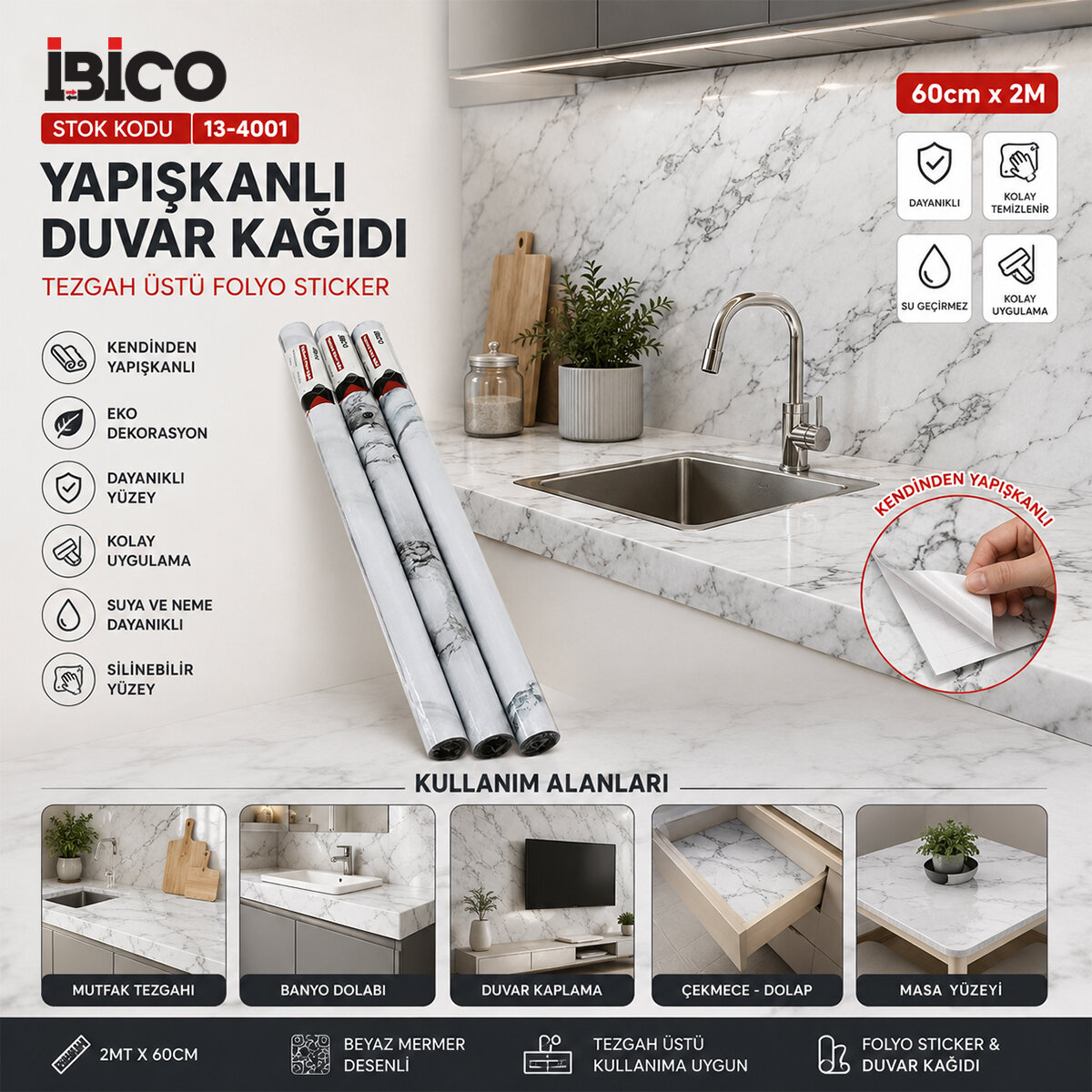 2MT X 60CM BEYAZ MERMER DESENLİ TEZGAH ÜSTÜ FOLYO STİCKER - DUVAR KAĞIT KENDİNDEN YAPIŞKANLI - EKO DEKORASYON - DAYANIKLI