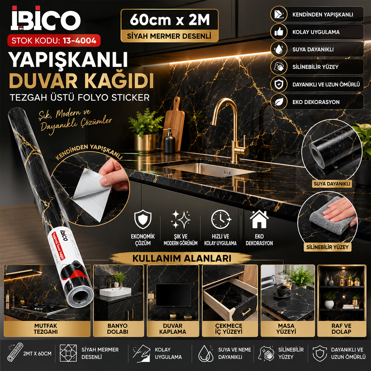 2MT X 60CM SİYAH MERMER DESENLİ TEZGAH ÜSTÜ FOLYO STİCKER - DUVAR KAĞIT KENDİNDEN YAPIŞKANLI - EKO DEKORASYON - DAYANIKLI