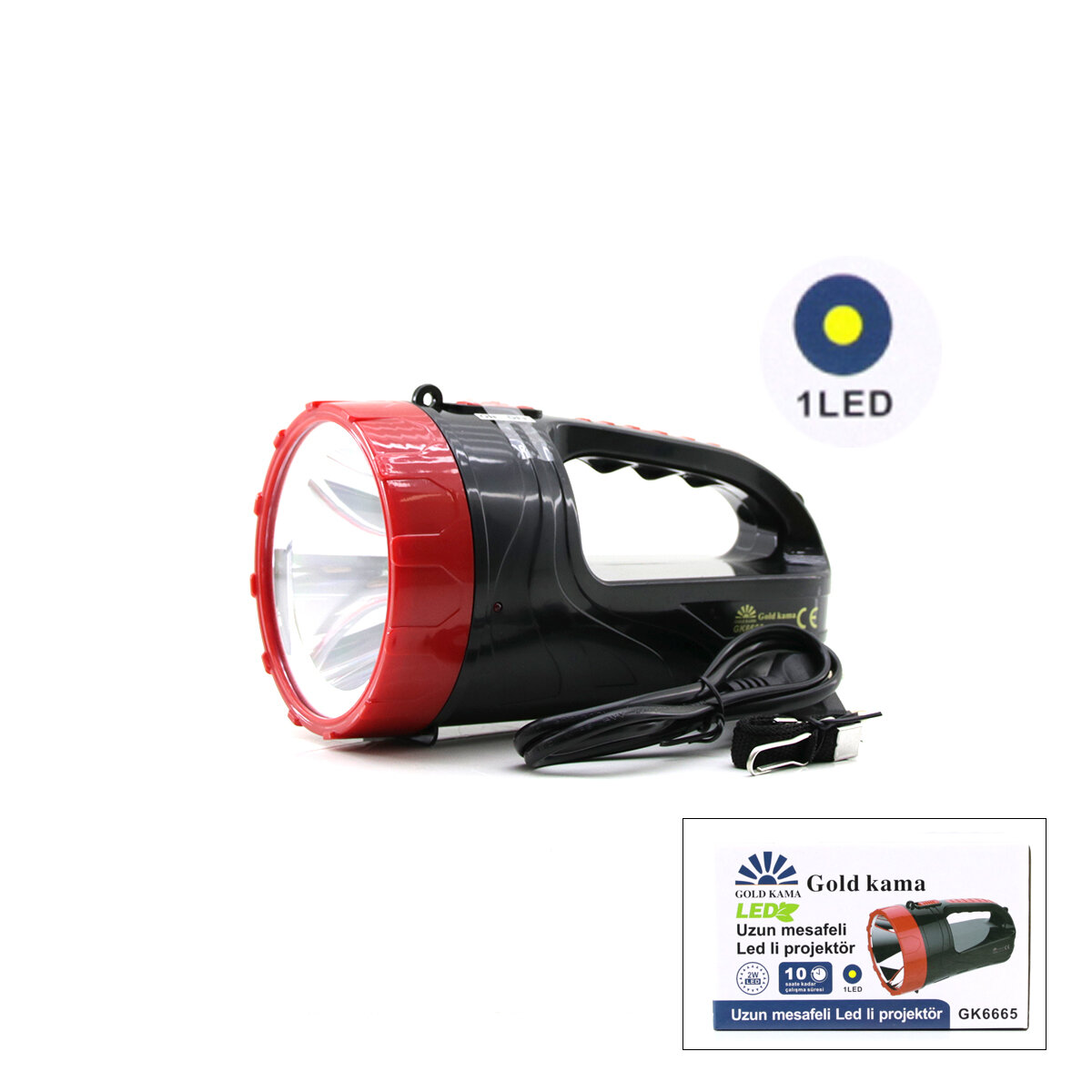 2W TEK LEDLİ EL FENERİ PROJEKTÖR FİŞ ŞARJLI 2 KADEME IŞIK AYARI GK-6665
