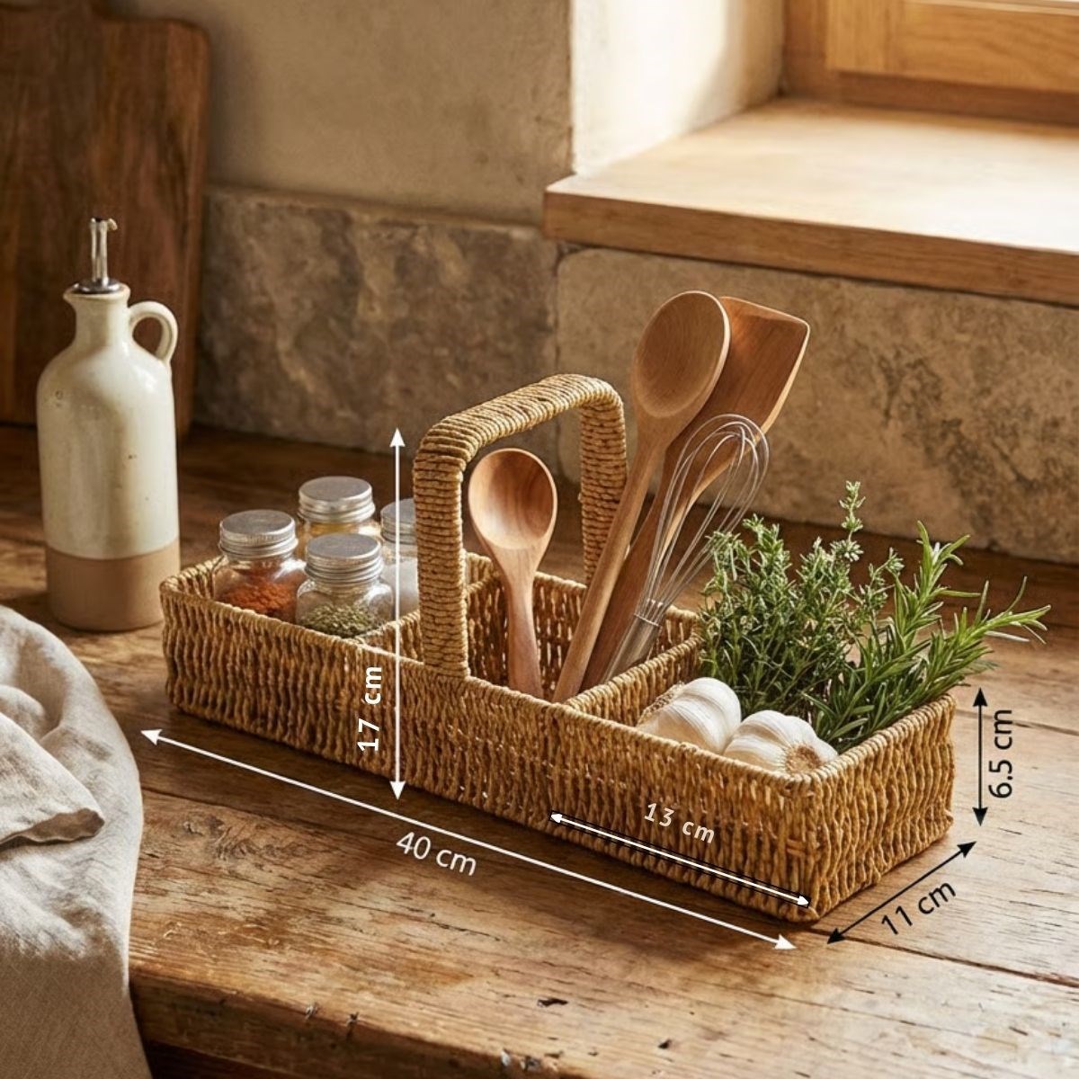 3 Bölmeli Plastik Rattan Düzenleyici–Saplı Masaüstü Organizer, Mutfak Kaşık Çatal Sepeti, Banyo &amp; Ofis Çok Amaçlı Sunum Standı