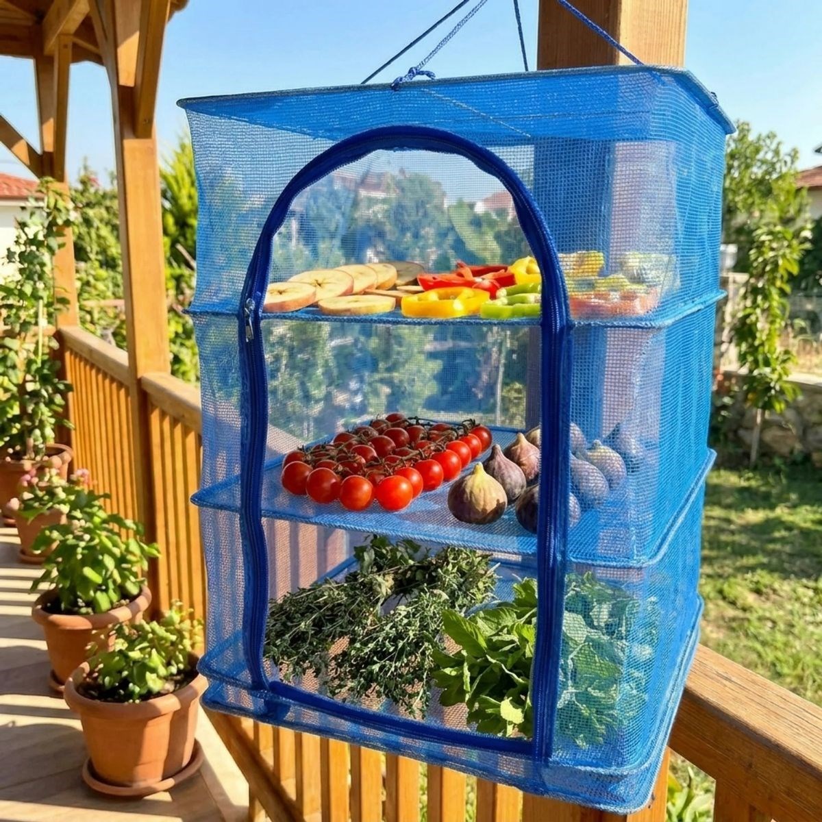3 Katlı Fermuarlı Sebze Meyve Kurutucu File – 45x45 cm Katlı Askılı Kurutma Filesi (56 cm Uzunluk)