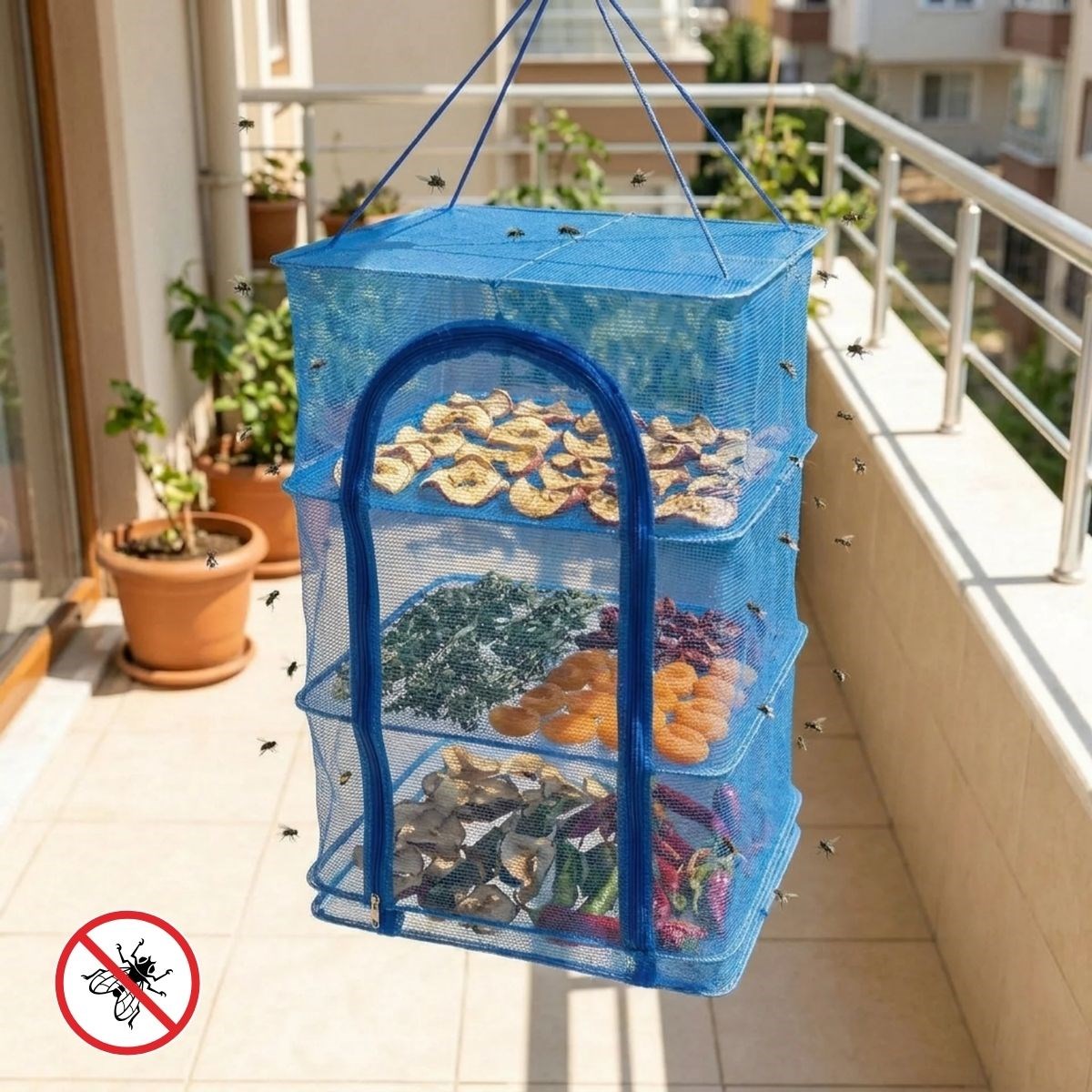 3 Katlı Fermuarlı Sebze Meyve Kurutucu File – 45x45 cm Katlı Askılı Kurutma Filesi (56 cm Uzunluk)