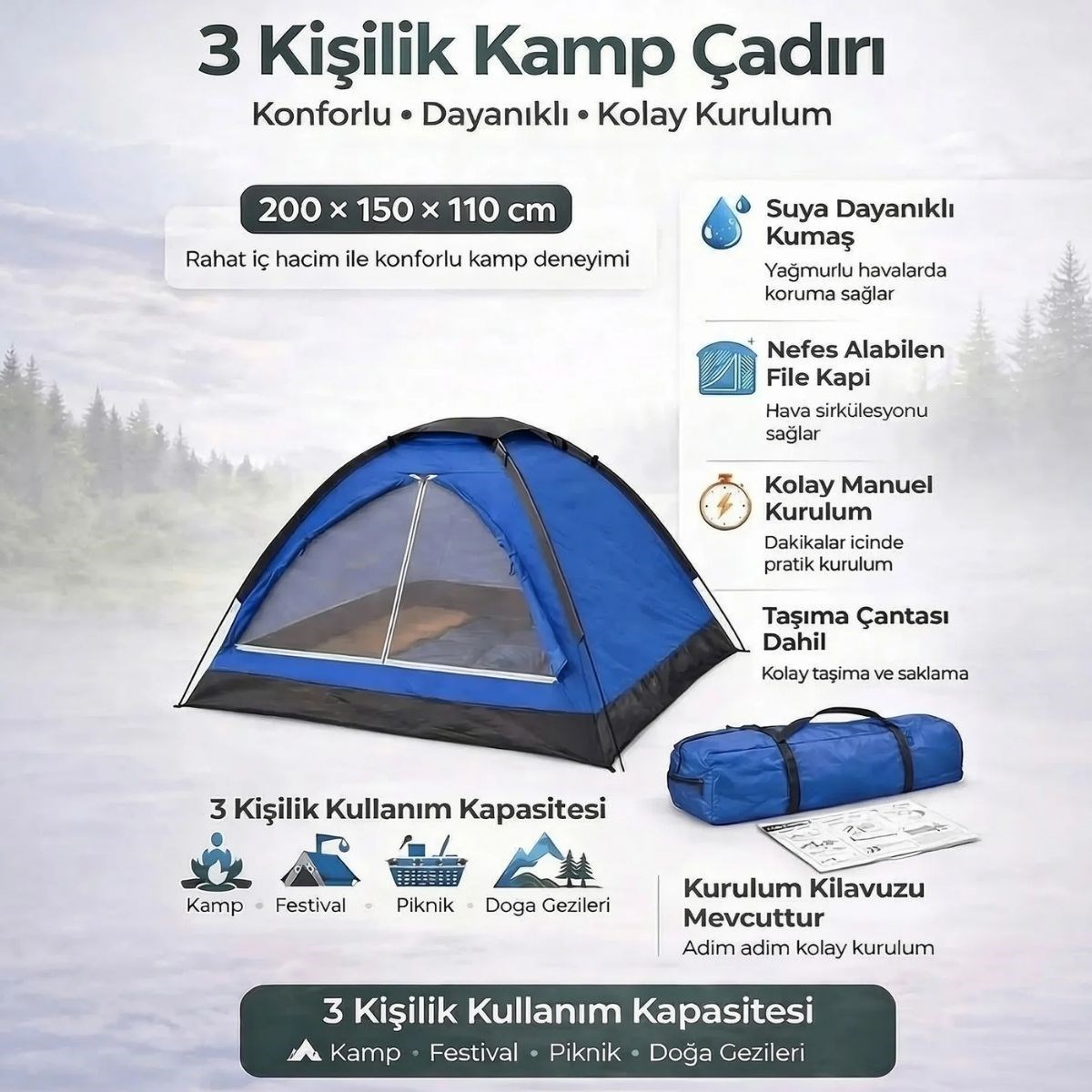 3 Kişilik Manuel Kamp Çadırı – Düz Kapılı Outdoor Aile, Doğa, Piknik ve Kamp Çadırı 200x150x110 cm