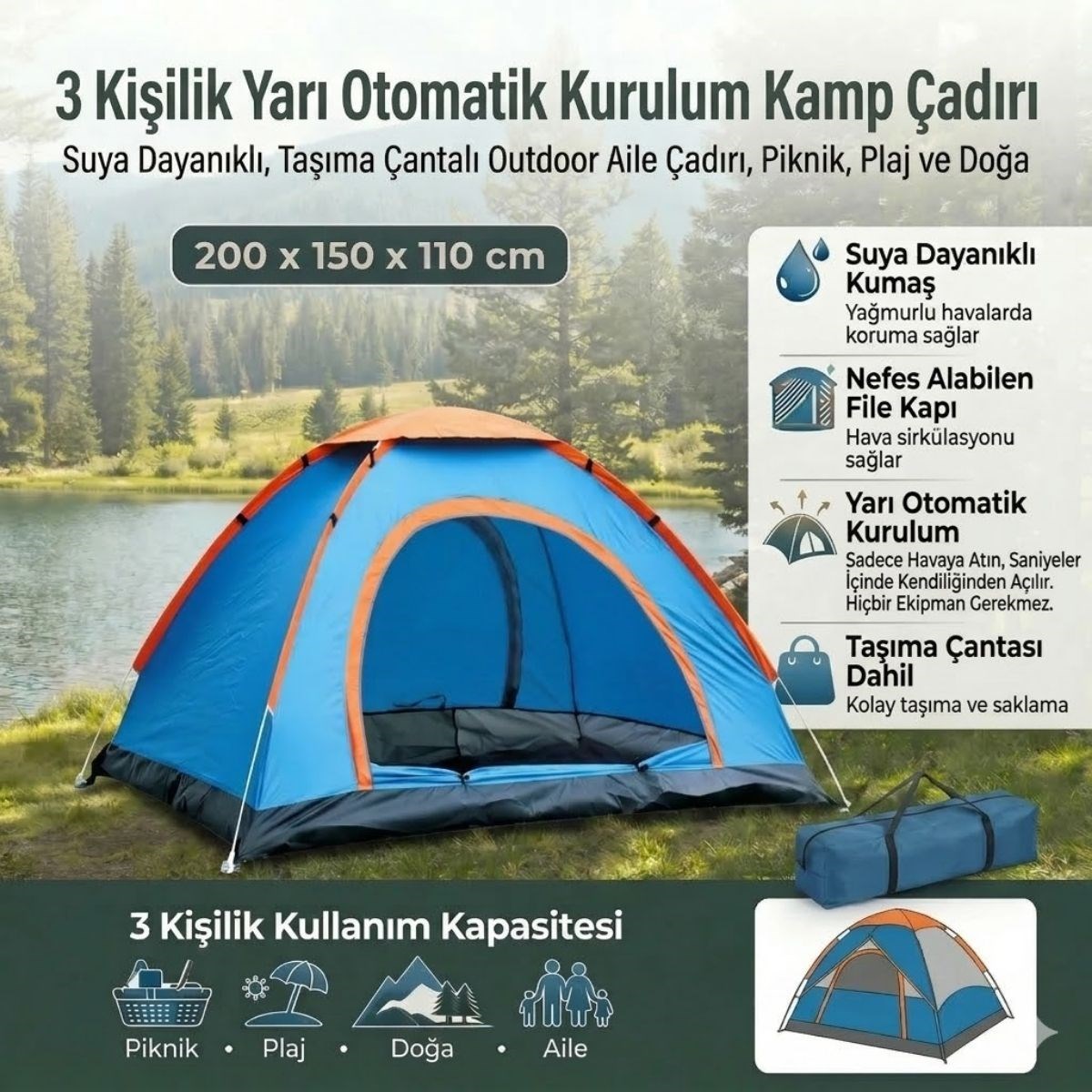 3 Kişilik Yarı Otomatik Kurulum Kamp Çadırı – Suya Dayanıklı, Taşıma Çantalı Outdoor Aile Çadırı, Piknik, Plaj ve Doğa 200x150x110 cm
