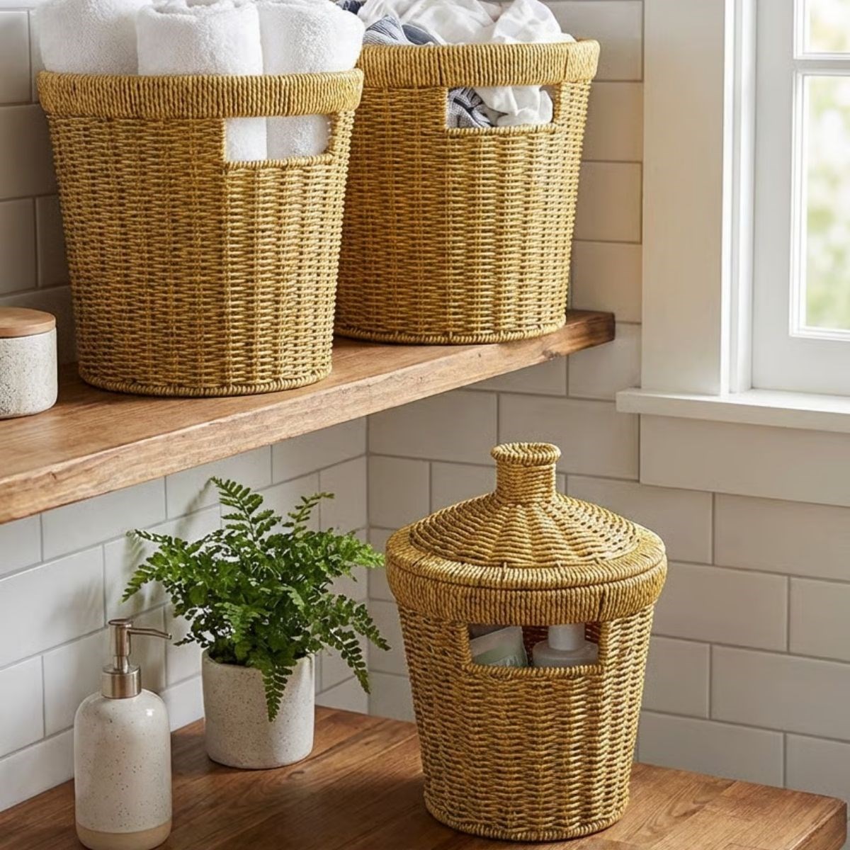 3’lü İç İçe Geçebilen Büyük Plastik Rattan Hasır Sepet Seti-Dayanıklı Çok Amaçlı Ev,Banyo ve Mutfak Düzenleyici