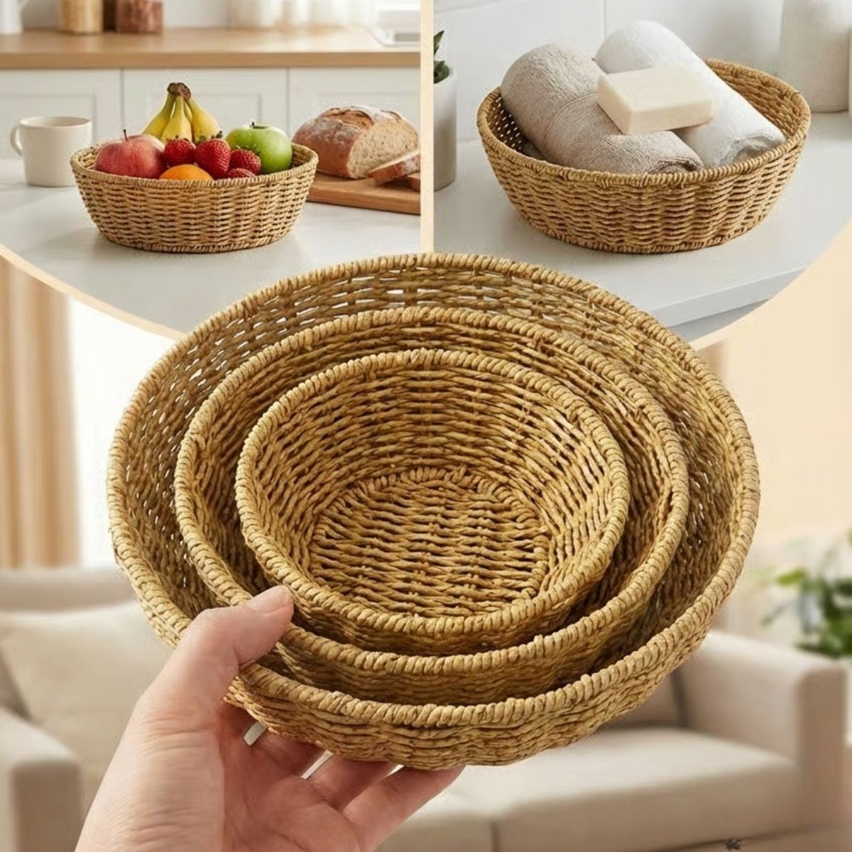 3’lü Plastik Rattan Çanak Seti – Hasır Görünümlü İç İçe Geçebilen Sunum ve Düzenleme Kaseleri, Mutfak &amp; Masaüstü Çok Amaçlı Organizer