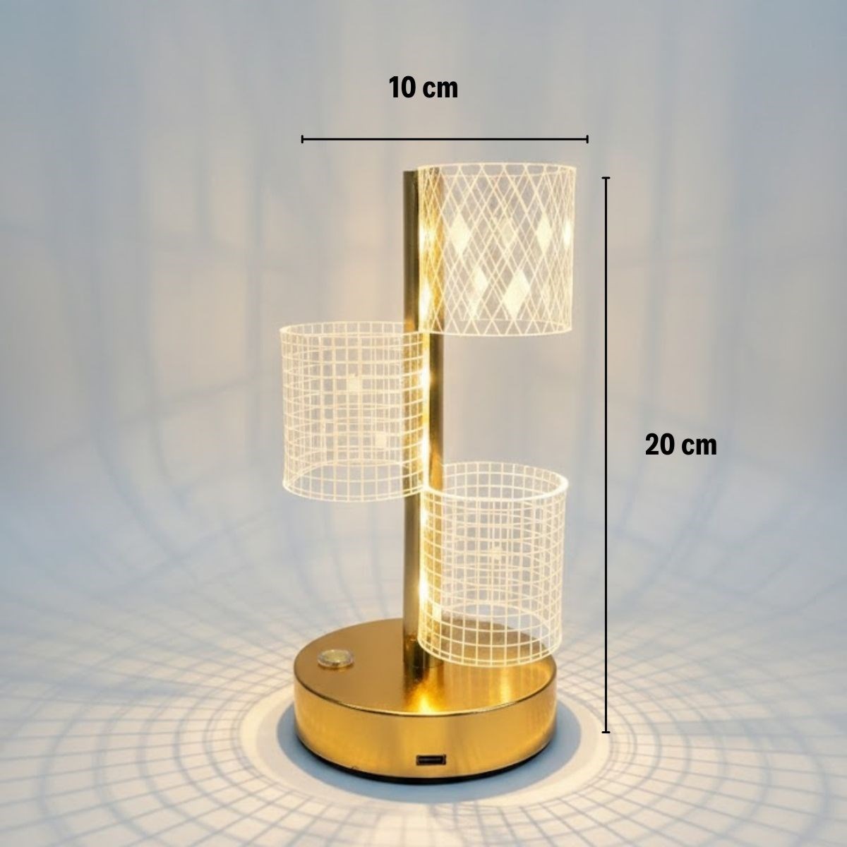 3 Parça Silindirik Kristal Ekose Kareli LED Masa Lambası – Gold Gövdeli, Dokunmatik, 3 Kademe Işık Ayarlı Şarjlı Dekoratif Lamba